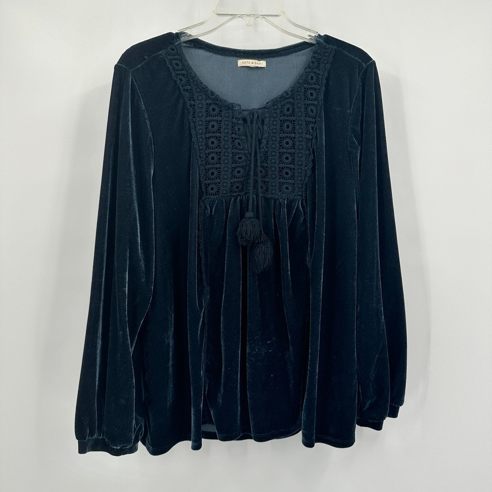 Kate & Sam Womens Velvet Boho Top Crochet Trim Size XL Romantic Peasant‎ Luxe